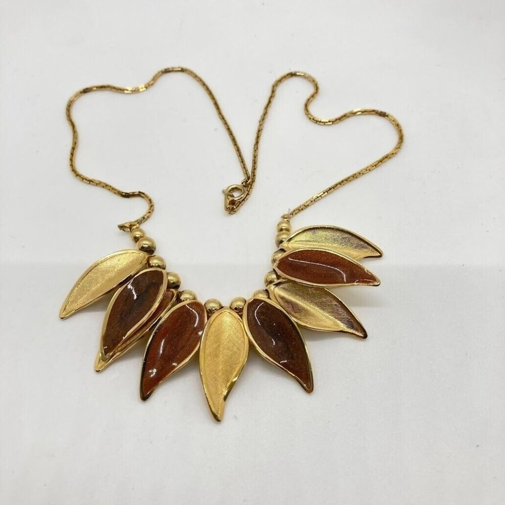 Vintage Dangle Leaf 16.5" Necklace Gold Tone Textured Brown‎ Enamel Marked NS